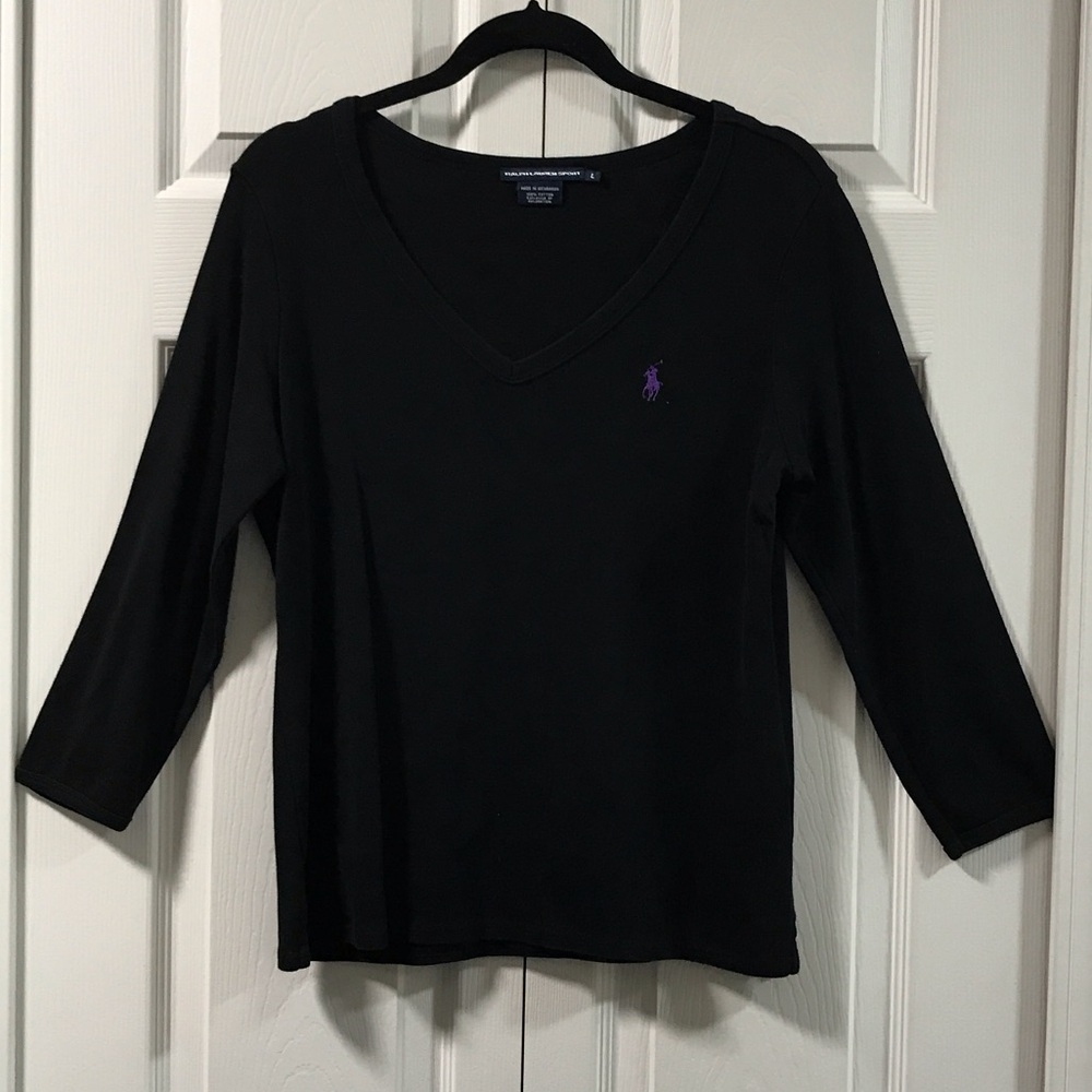 Ralph Lauren Black Three Quarter Sleeve V-Neck Top with Purple Logo